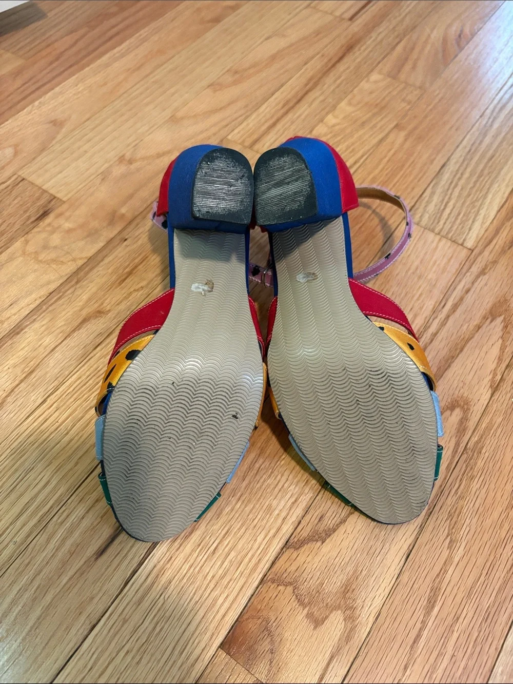 Shantall Lacayo Project Runway Raw Silk Heels Heart Rainbow Ankle-Strap Sandals